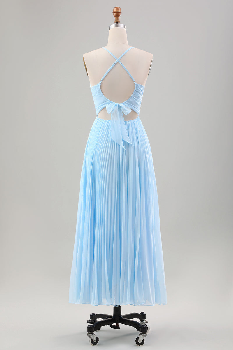 Afbeelding in Gallery-weergave laden, Hemelsblauw A lijn geplooide chiffon bruiloft gast jurk