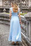 Hemelsblauw A Line Chiffon Geplooide Ruffle Mouwen Floor Length Jurk met Split