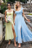 Hemelsblauw A Line Chiffon Geplooide Ruffle Mouwen Floor Length Jurk met Split