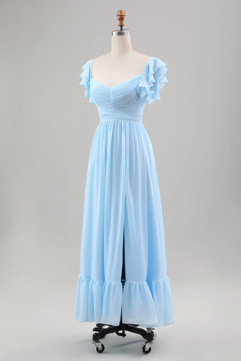 Afbeelding in Gallery-weergave laden, Hemelsblauwe A-lijn chiffon bruiloftsgast jurk met ruches mouwen