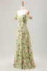Afbeelding in Gallery-weergave laden, Groene A-lijn spaghettibandjes Floral bruiloft gast jurk met spleet