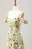 Afbeelding in Gallery-weergave laden, Groene A-lijn spaghettibandjes Floral bruiloft gast jurk met spleet