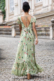 Groene Bloem A Line V-hals Backless Bruiloft Party Guest Dress met korte mouwen