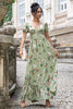 Afbeelding in Gallery-weergave laden, Groene Bloem A Line V-hals Backless Bruiloft Party Guest Dress met korte mouwen