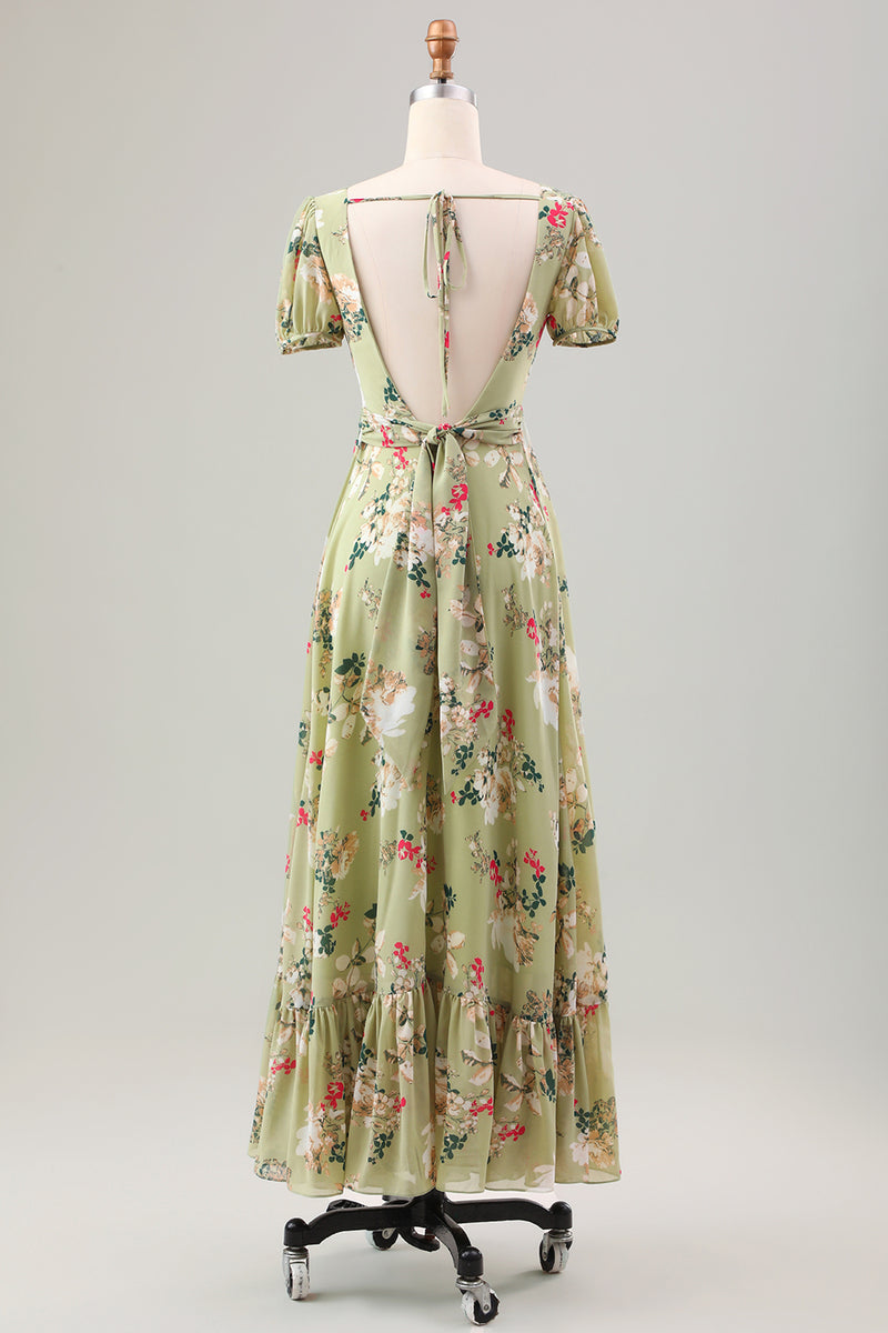 Afbeelding in Gallery-weergave laden, Groene Bloem A Line V hals thee lengte bruiloft gast jurk met korte mouwen