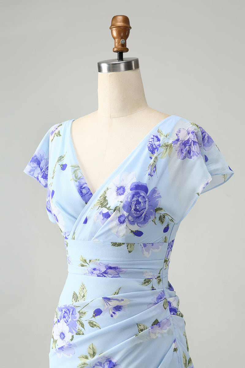 Afbeelding in Gallery-weergave laden, Blauwe bloemen A lijn ruches asymmetrische bruiloft gast jurk