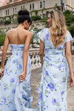 Blauwe bloemen A lijn Sweetheart Strapless Print geplooide lange bruiloft gast jurk