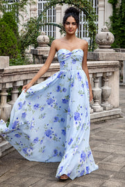 Blauwe bloemen A lijn Sweetheart Strapless Print geplooide lange bruiloft gast jurk