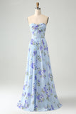 Blauwe bloemen A Line Sweetheart Strapless geplooide lange bruiloft gast jurk