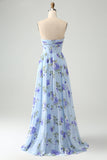 Blauwe bloemen A Line Sweetheart Strapless geplooide lange bruiloft gast jurk