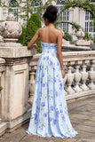 Blauwe bloemen A lijn Sweetheart Strapless Print geplooide lange bruiloft gast jurk