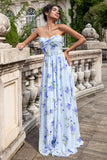 Blauwe bloemen A lijn Sweetheart Strapless Print geplooide lange bruiloft gast jurk