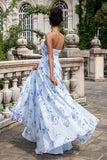 Blauwe bloemen A lijn Sweetheart Strapless Print geplooide lange bruiloft gast jurk