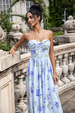 Blauwe bloemen A lijn Sweetheart Strapless Print geplooide lange bruiloft gast jurk