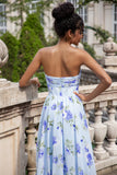 Blauwe bloemen A lijn Sweetheart Strapless Print geplooide lange bruiloft gast jurk