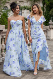 Blauwe bloemen A lijn Sweetheart Strapless Print geplooide lange bruiloft gast jurk