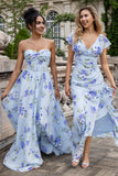 Blauwe bloemen A lijn Sweetheart Strapless Print geplooide lange bruiloft gast jurk