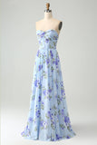 Blauwe bloemen A Line Sweetheart Strapless geplooide lange bruiloft gast jurk