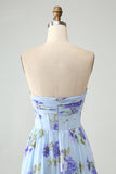 Blauwe bloemen A Line Sweetheart Strapless geplooide lange bruiloft gast jurk