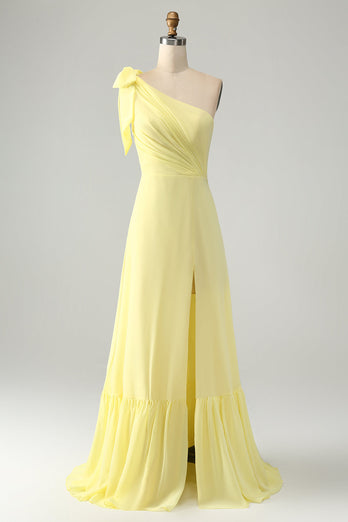 A Line One Shoulder gele lange bruiloft gast jurk met split