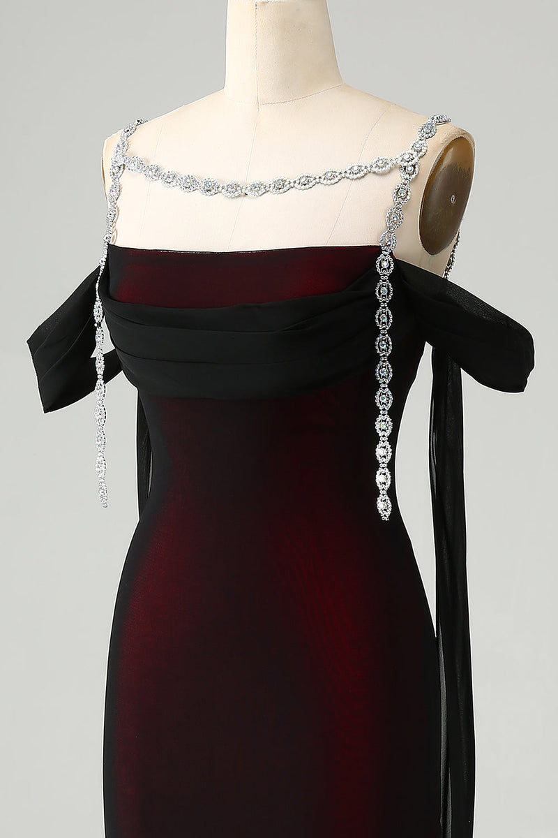 Afbeelding in Gallery-weergave laden, Sprankelende zwarte rode zeemeermin koude schouder lange bruidsmeisje jurk