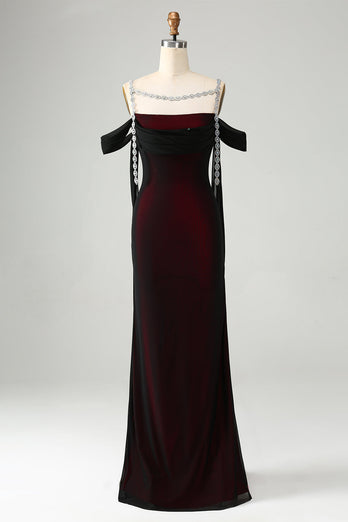 Sprankelende zwarte rode zeemeermin koude schouder lange bruidsmeisje jurk