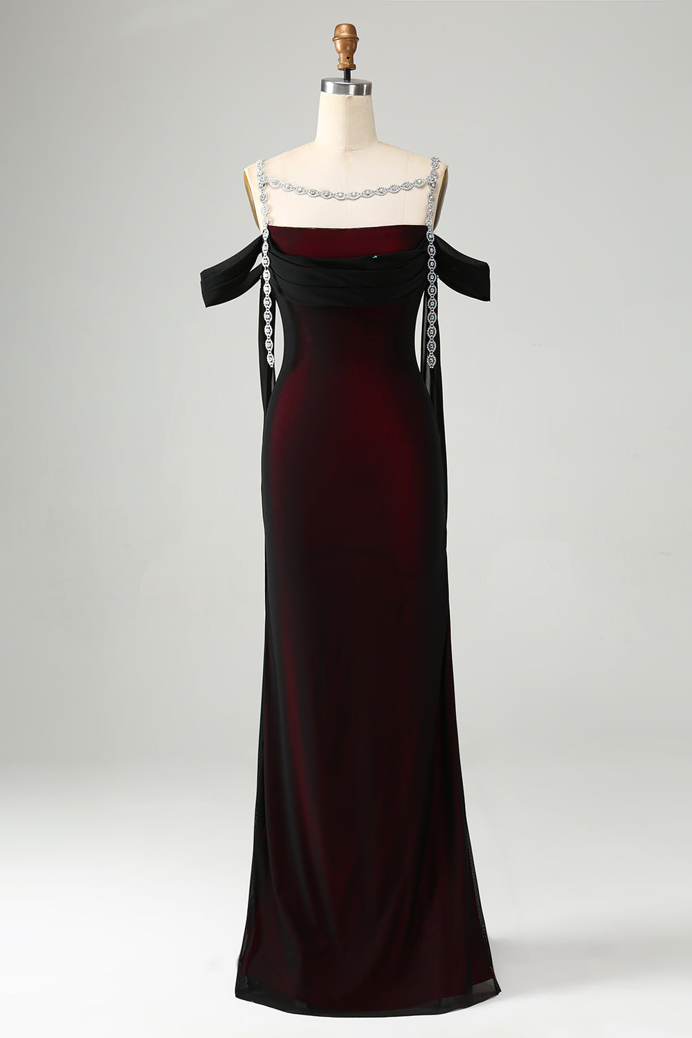 Sprankelende zwarte rode zeemeermin koude schouder lange bruidsmeisje jurk