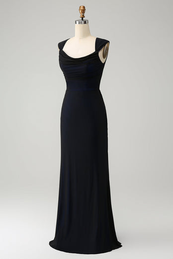 Zwart Blauwe Zeemeermin Cowl hals lange bruidsmeisje jurk