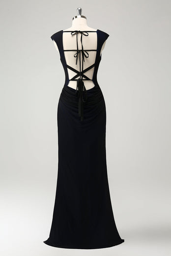 Zwart Blauwe Zeemeermin Cowl hals lange bruidsmeisje jurk