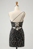 Glitter Black One Shouder Strakke Korte Homecoming Jurk met Kralen