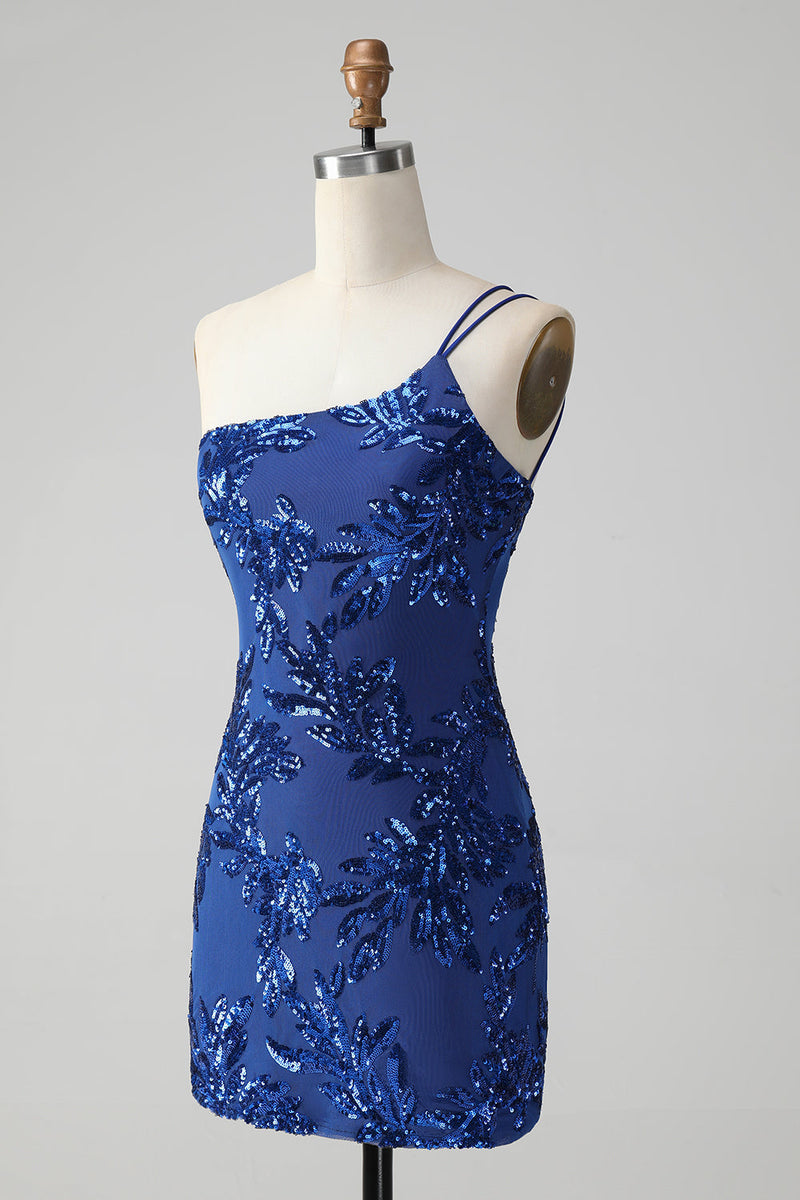 Afbeelding in Gallery-weergave laden, Sparkly Bodycon koningsblauw One Shoulder pailletten Homecoming jurk met borduurwerk