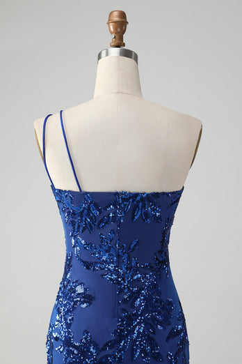 Sparkly Bodycon koningsblauw One Shoulder pailletten Homecoming jurk met borduurwerk