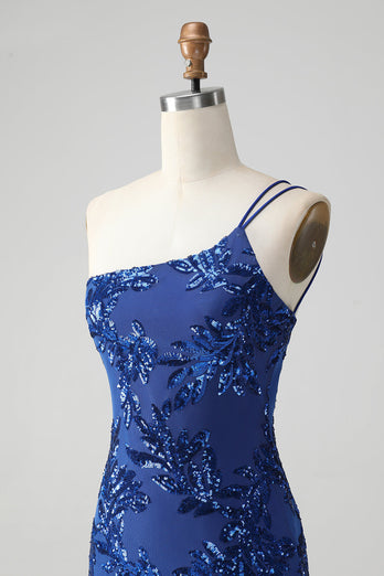 Sparkly Bodycon koningsblauw One Shoulder pailletten Homecoming jurk met borduurwerk