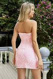 Roze One Shoulder Applique Pailletten Mini Bodycon Homecoming Jurk