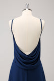 Navy Cowl Back A-Line Lange Bruidsmeisjesjurk