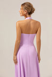 Een lijn halter chiffon backless lange paarse bruidsmeisjesjurk