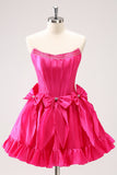 Fuchsia A Line Strapless Korset Korte Homecoming Jurk Met Strikken