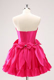 Fuchsia A Line Strapless Korset Korte Homecoming Jurk Met Strikken