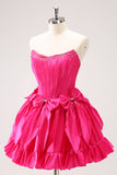 Fuchsia A Line Strapless Korset Korte Homecoming Jurk Met Strikken