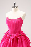 Fuchsia A Line Strapless Korset Korte Homecoming Jurk Met Strikken