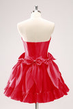 Fuchsia A Line Strapless Korset Korte Homecoming Jurk Met Strikken