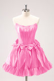 Fuchsia A Line Strapless Korset Korte Homecoming Jurk Met Strikken