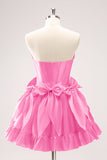 Fuchsia A Line Strapless Korset Korte Homecoming Jurk Met Strikken