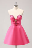 Sprankelende Fuchsia A-lijn strapless Homecoming jurk met kralen en strikken