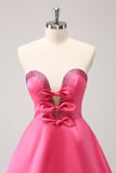 Sprankelende Fuchsia A-lijn strapless Homecoming jurk met kralen en strikken