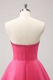 Sprankelende Fuchsia A-lijn strapless Homecoming jurk met kralen en strikken