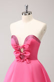 Sprankelende Fuchsia A-lijn strapless Homecoming jurk met kralen en strikken