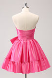 Fuchsia A-Line Strapless Ruffle Short Homecoming Jurk met Strik