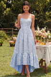 A-lijn blauwe bloemenloze strapless high low bloemenjurk