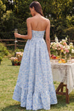 A-lijn blauwe bloemenloze strapless high low bloemenjurk